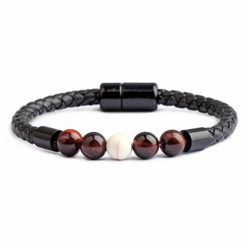 New European & American Men's Stone Beaded Leather Bracelet with Magnetic Buckle