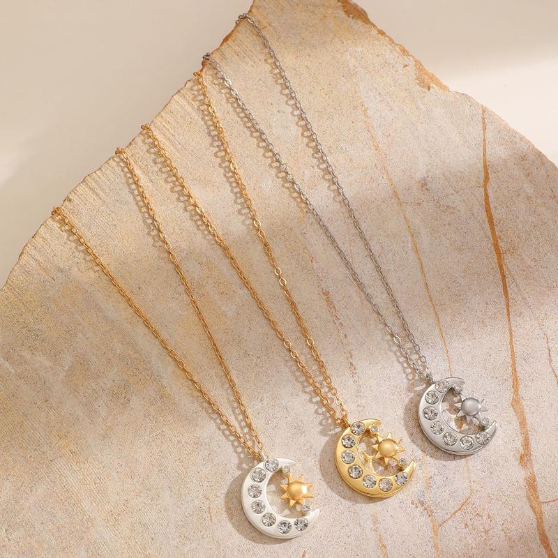 Collar Colgante Estrella Luna de Cobre Incrustado con Pedrería para Mujer Cadena Clavícula Sol Luna Metálico Brillante Joyería Y2K Regalo