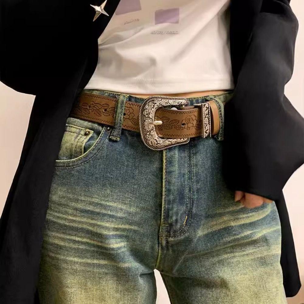 Vintage Printed Ethnic Style Belt Y2k Pants Decorative Fashion PU Leather Belt  Daily