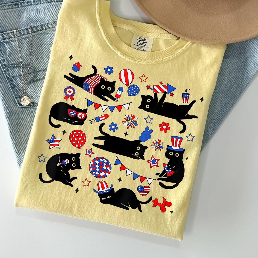 Comfort Colors 4th of July Cat Shirt, Funny Cats T-Shirt, Cat Lovers Top, Gift for Cat Mom, USA Patriotic Tee, National Holiday Outfits