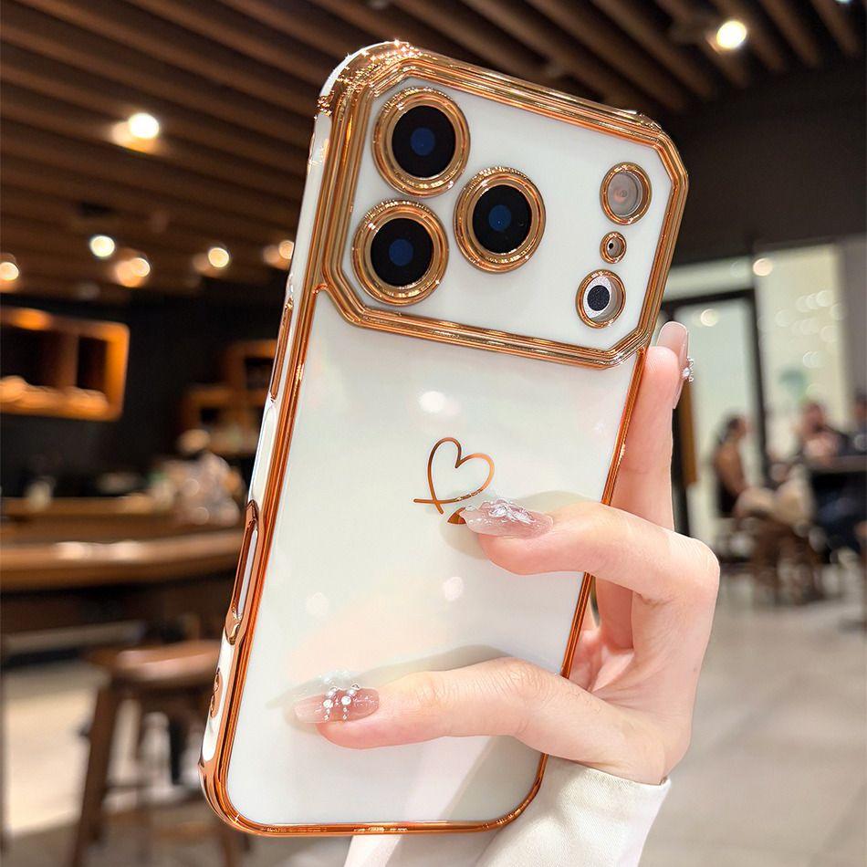 

Funda Plating Soft Love Heart Case for iPhone 17 Air 16 15 14 13 Pro Max Plus Soft Silicon Airbag Shockproof Pure Color Cover iPhone17 Pro Max