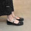 2025 New Square Head Shallow Mouth Fold Mary Jane Shoes Women's New Fall Rhinestone Pearl Buckle Low Heel Shoes