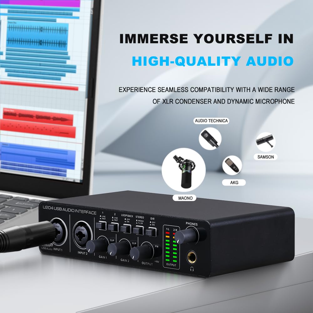 BOMGE U204 USB Audio Interface for PC Computer Music Recording, 2x2 Guitar Audio Interface for Mac, 32-bit/192kHz, Podcast Streaming, Vocalist/Produce