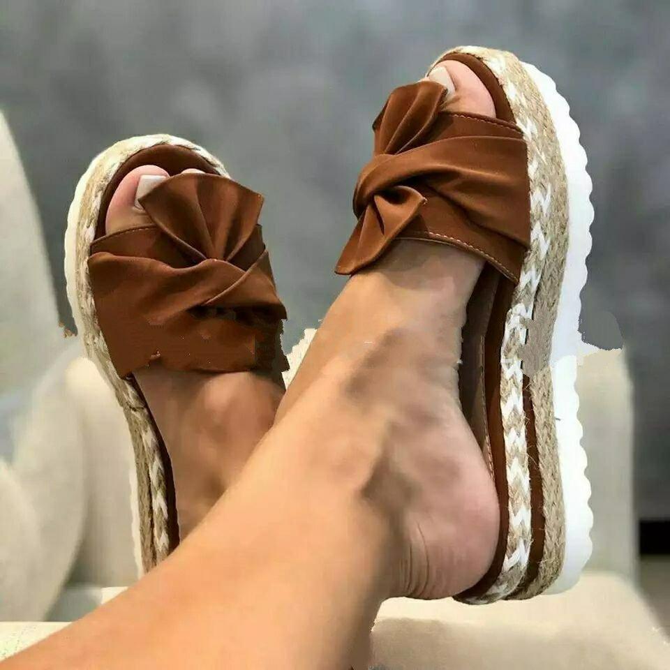 Summer Wedge-heeled Bow Sandals and Slippers Women's Beach Thick-soled Hemp Rope Large Size Slippers