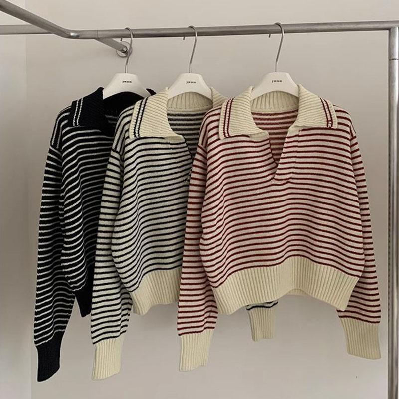 Pullover Sweater Female 2023 Korean Women Autumn Academy Sweater Loose and Slim Versatile Striped Top Long Sleeve Knit Sweater