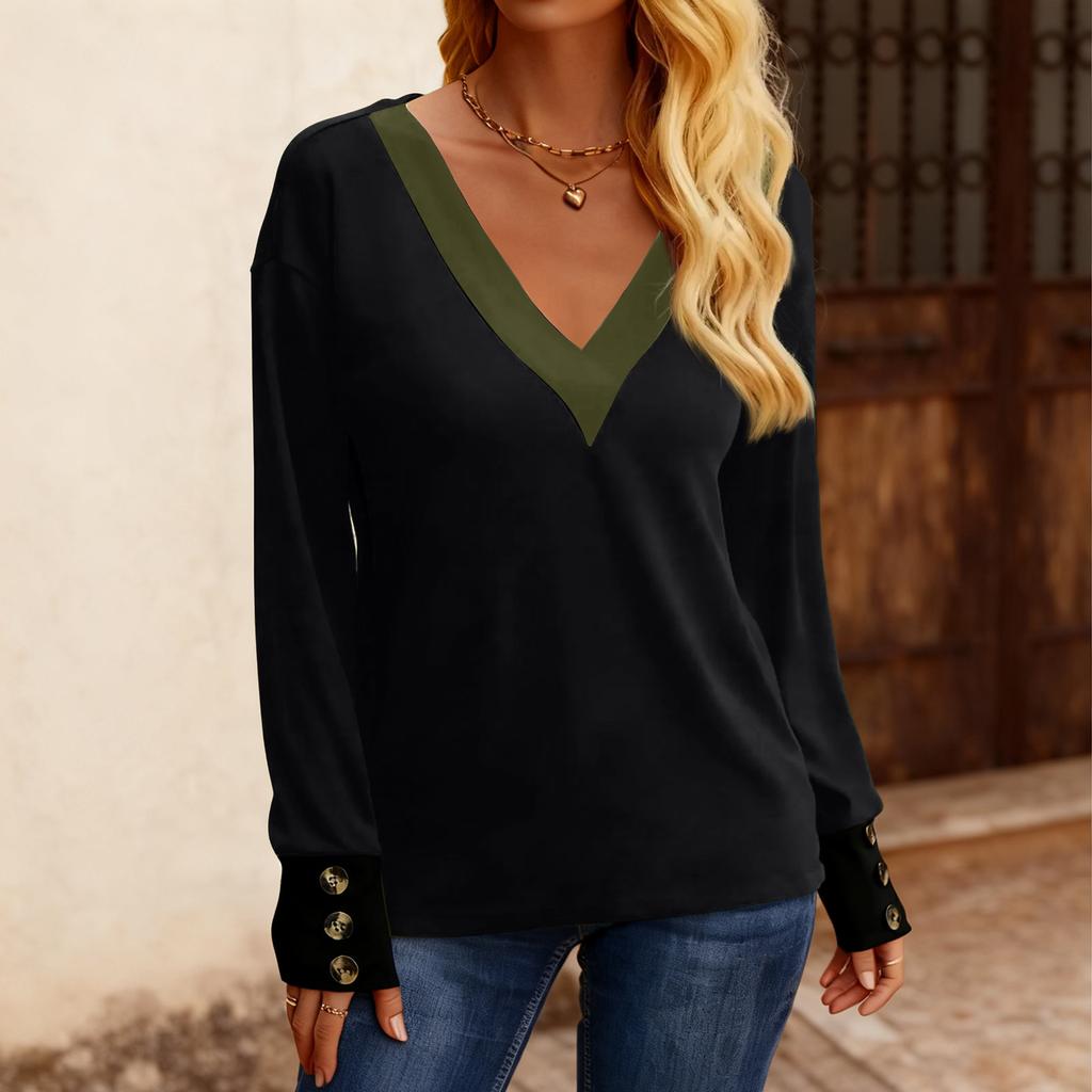 Women's Fashion Plus V-neck Button Up Long Sleeved Color Blocked Pullover T-shirt Top