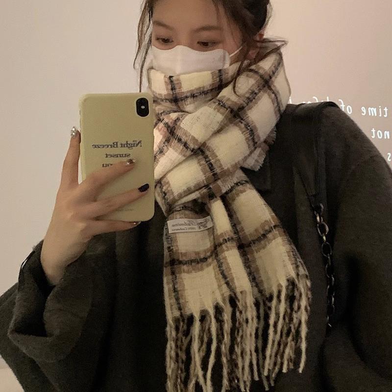 Korean Style Withered Rose Plaid Imitation Cashmere Scarf - Women's Winter Christmas Red Shawl