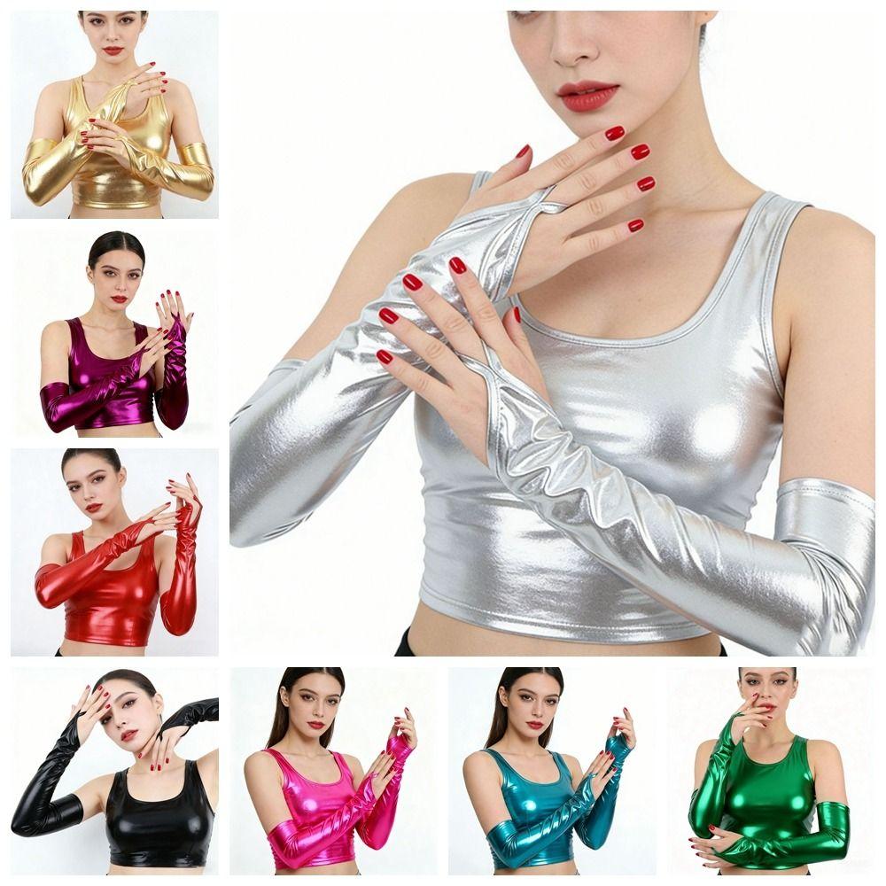 Elastic Patent Leather Black Gloves Cloth Women Gloves Fashion Hook Finger Long Gloves Party