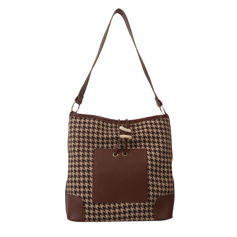 Stylish Vintage Checkered Bucket Bag For Women Large Capacity Fashionable Casual Shoulder Handbag