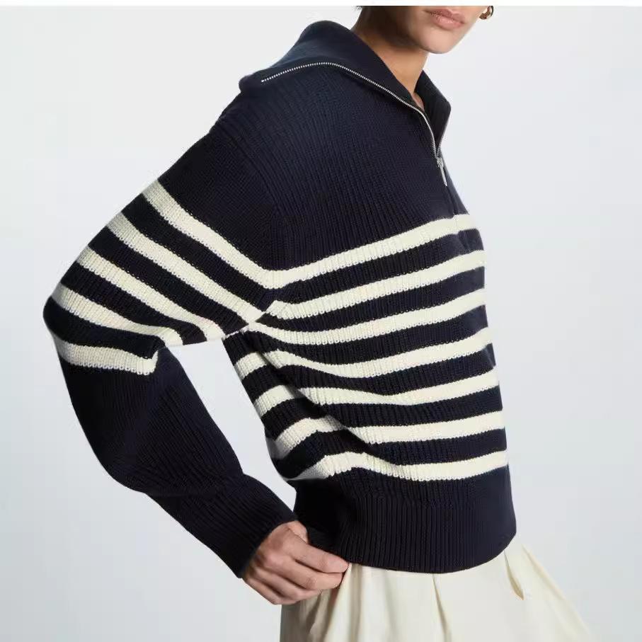 Maglieria a righe da donna a collo alto con revers larghi, pullover da donna nuovi semplici con mezza zip, moda casual