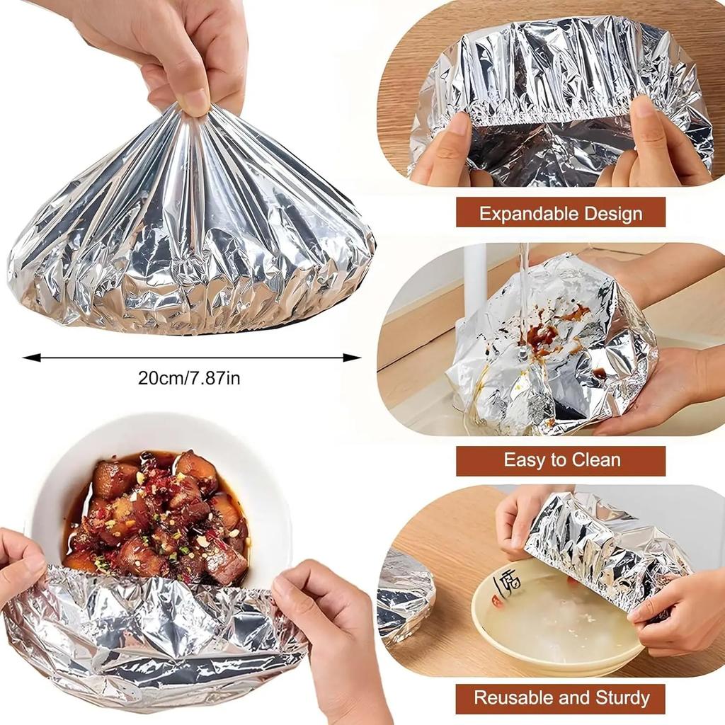 Stretchable Aluminum Foil Food Covers Insulation Lids for Kitchen Dishes Warmth Retention Reusable Fits Plates