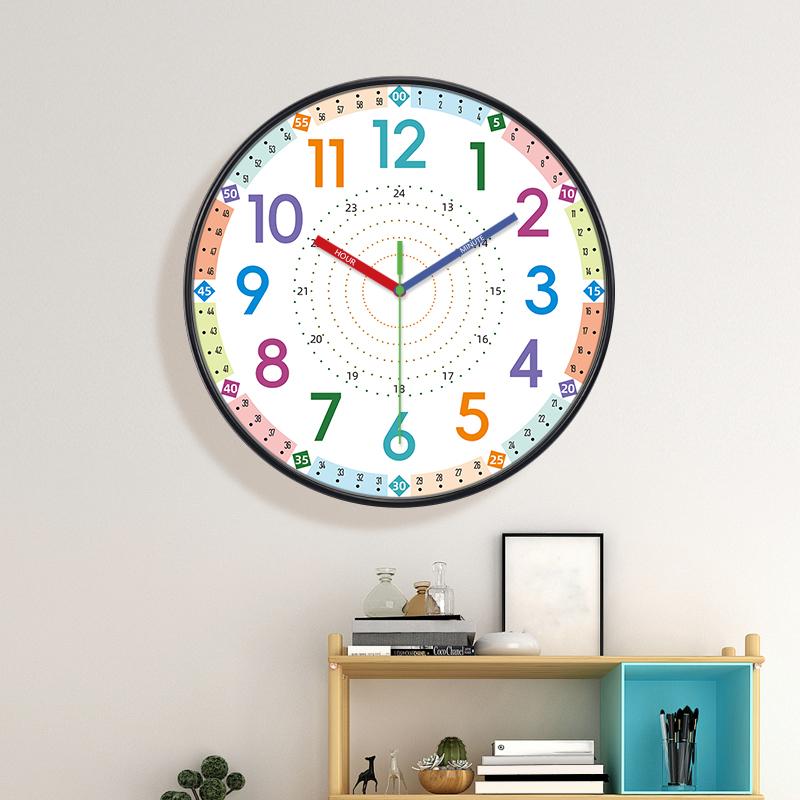 Kids Educational Wall Clock Color 12/24H Dial Non-Ticking Quartz Movement Wall Decor for School Classroom Kids Bedroom Playroom