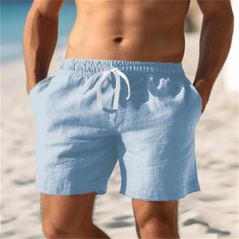 Men Solid Linen Blend Beach Short Elastic Waist Drawstring Casual Shorts