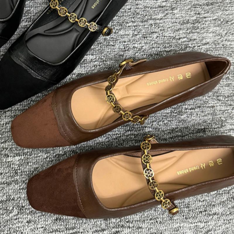 Women's Flat Shoes Spring New Square Head Shallow Mouth Suede Splicing Metal Chain Non-slip Single Shoes
