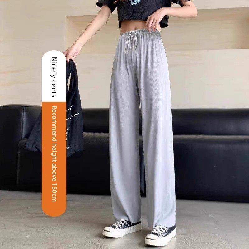 Plus Size Plus Size Ladies Black Ice Silk Wide-Leg Pants Women s Small Sun Protection Yamamoto Straight-leg Sports Pants Pear Shapes Pants Gray [Nine-Point Pants] S