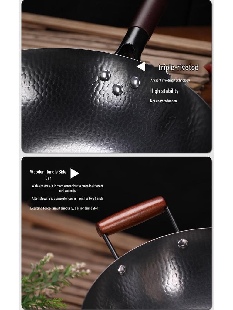 Zhangqiu Hand-Hammered Uncoated Non-Stick Wrought Iron Stir-Fry Wok with Spatula