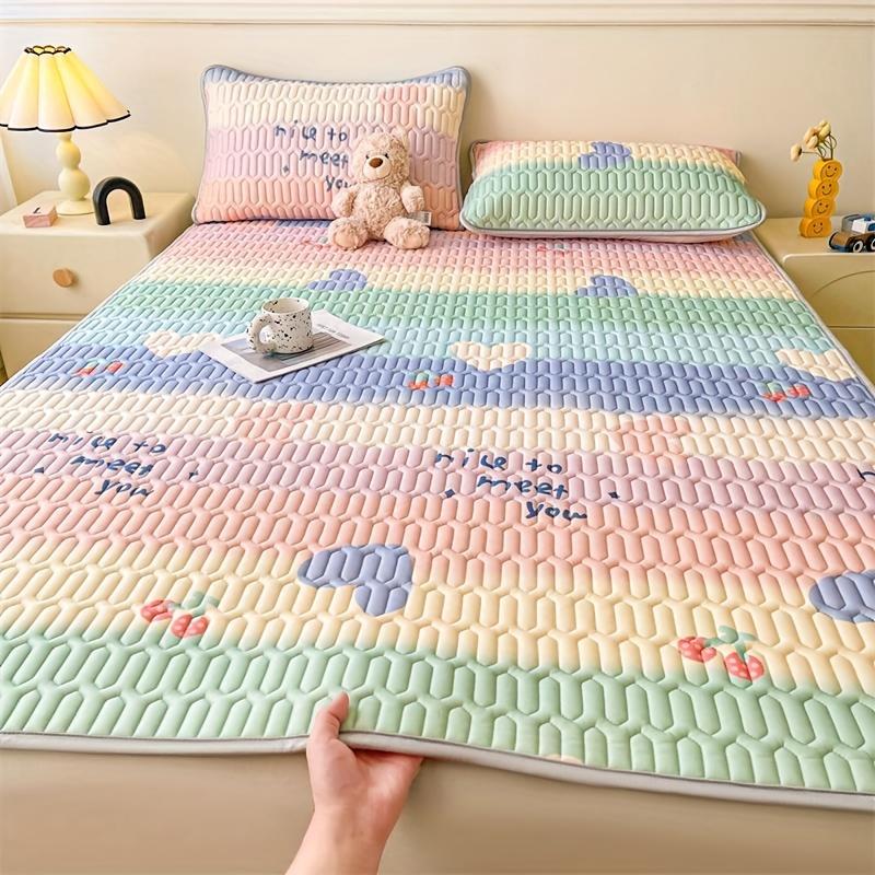 [Soft Cooling Sheet] 1pc Soft & Breathable Lyocell Latex Cooling Sheet - Fun Rainbow & Floral Print Mattress Pad | Crisp, Cartoon Design for Summer