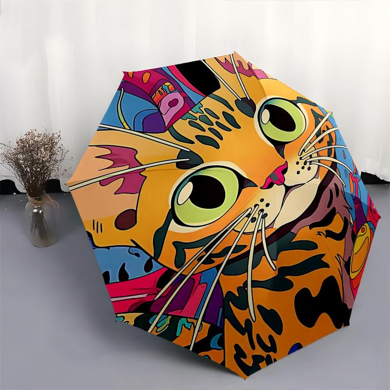1pc Colorful Cat Print Automatic Folding Umbrella, Portable 3-Fold Design with 8-Bone Iron Frame, Perfect for Outdoor Use, Festive Gifts, Travelers, D
