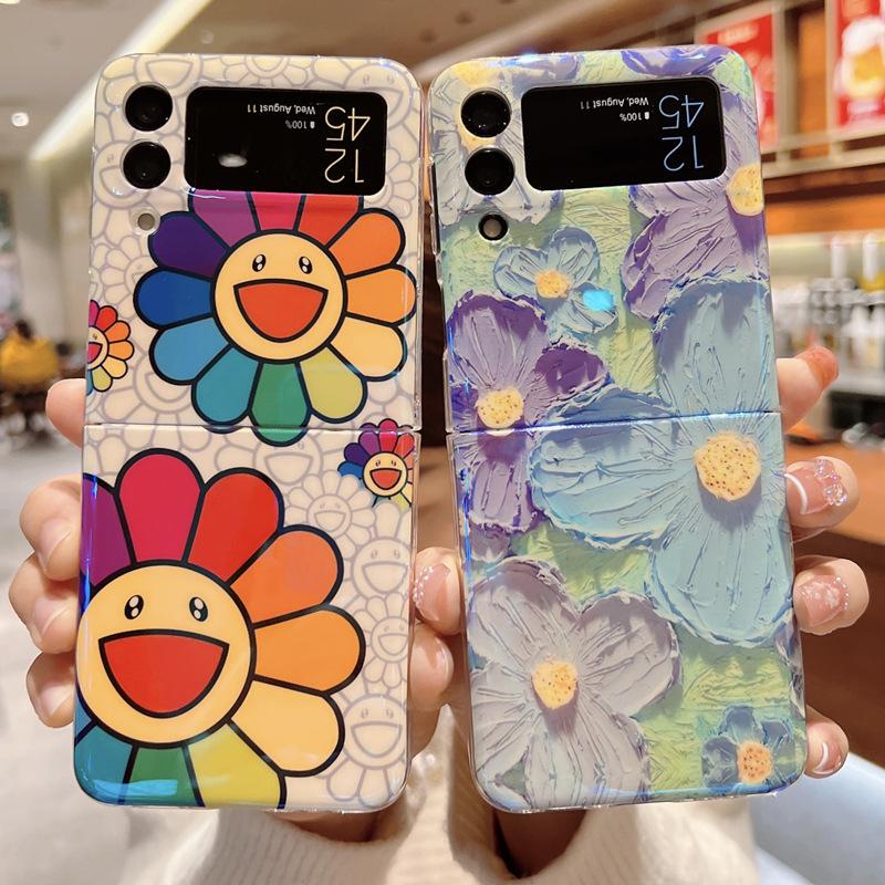 Blue oil painting sunflower suitable for Samsung ZFlip6/5 mobile phone case ZFlip3/4 folding screen anti-drop protective case