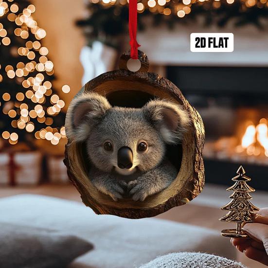 Yousheng 5Pcs Christmas Animal Ornaments 2D Acrylic Cute Wildlife Pendant Raccoon Owl Squirrel Hedgehog Bird Tree Hole Wood Texture Hanging