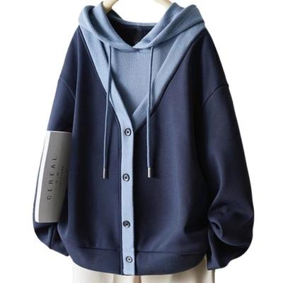 Fashionable and Versatile Fake Two-piece Hooded Sweatshirt for Women Contrasting Simple Button Top