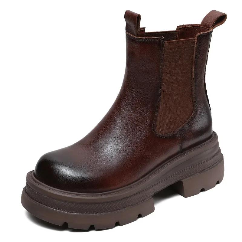 

6 см роскошные дизайнерские ботинки челси для женщин из натуральной коровьей кожи с широким носком на толстом высоком каблуке и платформе, сапоги до середины голени, новинка 2024 г. 40 коричневый