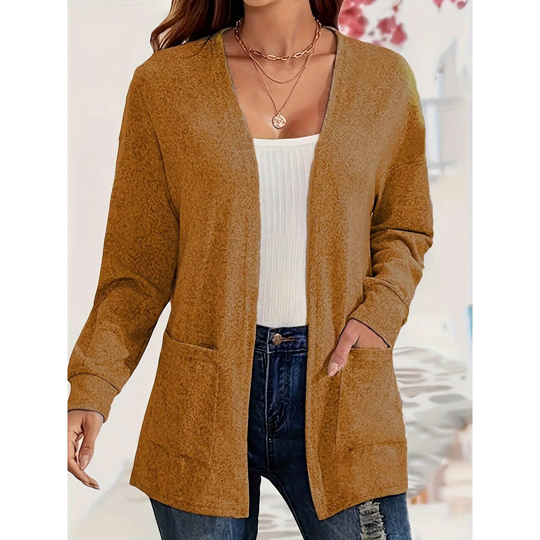 

Осенний Шик Повседневный Однотонный Карман Тонкий Большого Размера Женский Жакет Кардиган XL коричневый