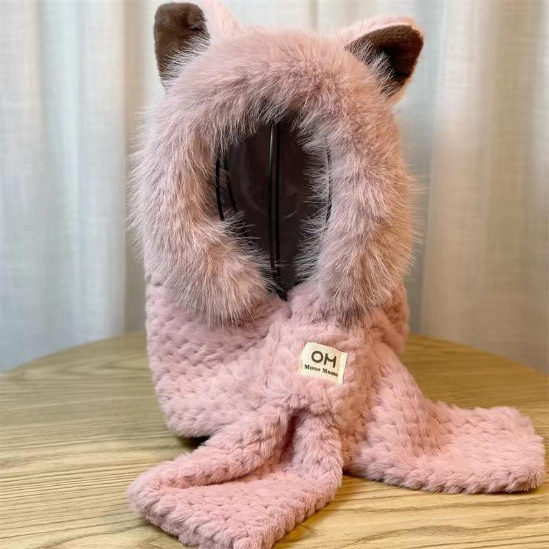 New cute plush hat and scarf two-piece set with fox ears, hat and scarf in one piece