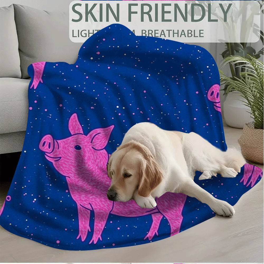 1pc 60x80 Inch Single-Sided Printed Blanket - Pink Cartoon Pigs & Starry Blue Background, Soft Thread Count Fabric