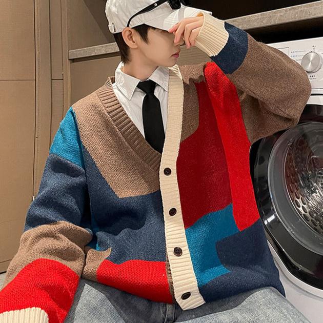 Podzimní a zimní korejský styl módní pletené kardigany svetr patchworková barva pár pánské ležérní trendy kabáty bunda pánské oblečení