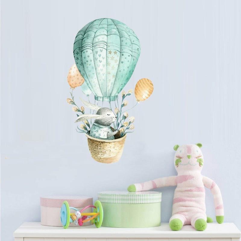 1pc Watercolor Green Rabbit Hot Air Balloon Wall Stickers for Room Bedroom Home Decor Wall Decals