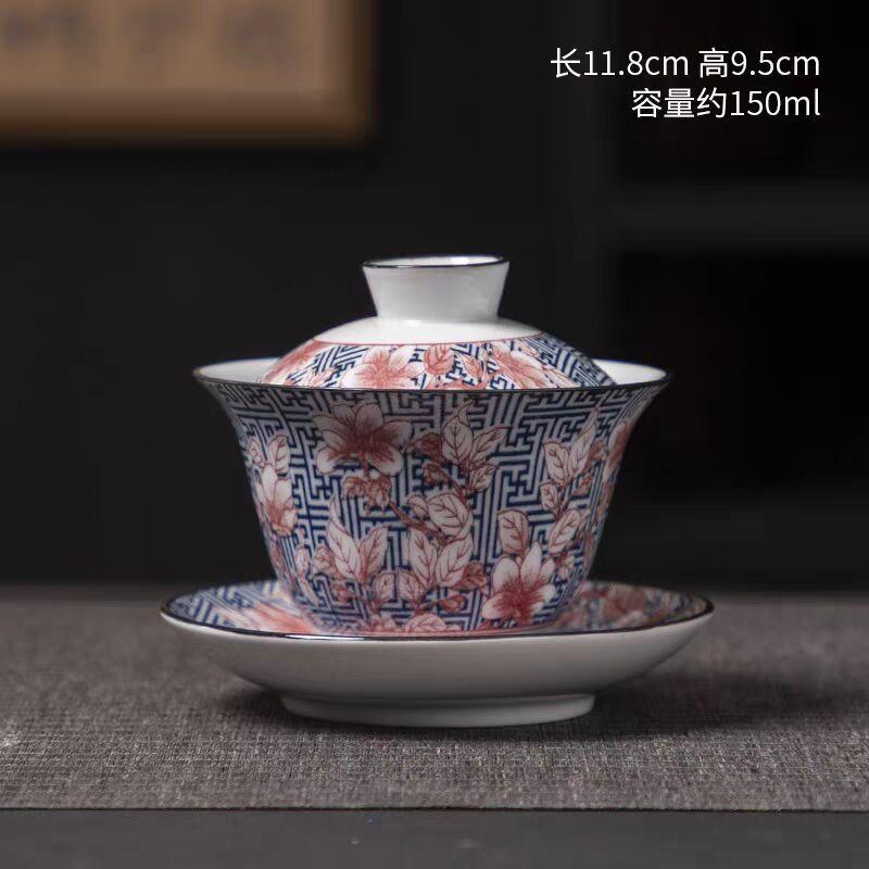 Blue And White Porcelain Sancai Cover Bowl Dehua Ceramics Retro Home Office Single Tea Bowl Teacup Kung Fu Tea Set