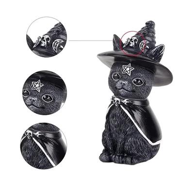 Schwarze Katzenstatue, geheimnisvolle süße Katzenhexe, Katzenfigur, Hexendekor, Schreibtischornament, handbemalte Skulptur für Halloween, 1 Stück