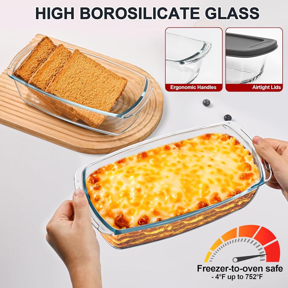 1800ML Glass Loaf Pan with Lids Meatloaf Pan Airtight Lids Grip Handle Easy Carry, Microwave and Oven Safe Loaf Pans for Baking