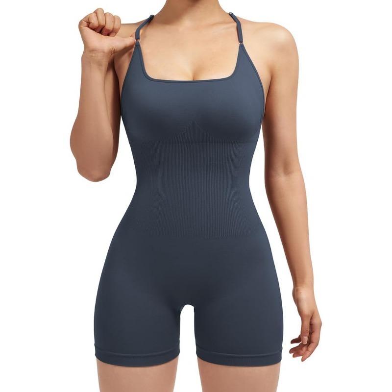 Women Strappy Romper Seamless Jumpsuit Tummy Control Padded Sports Bra