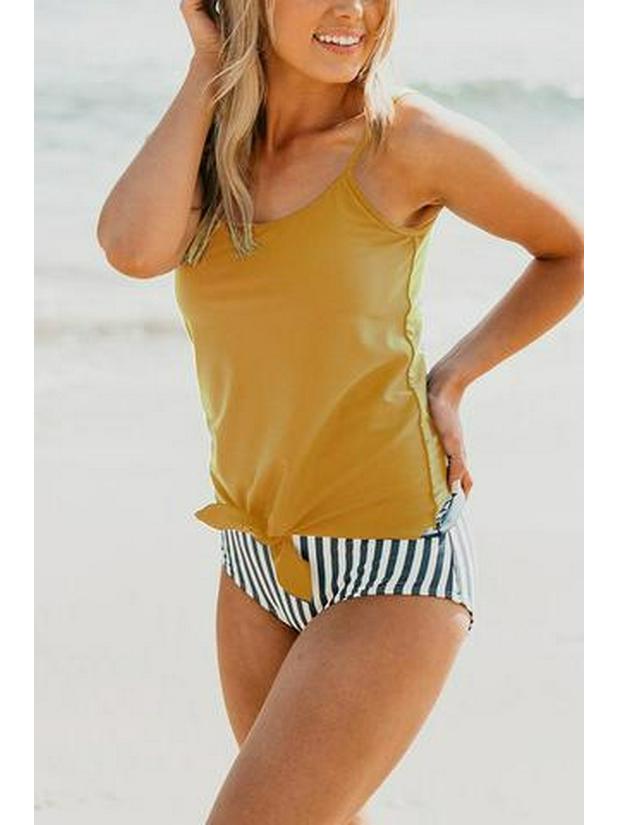 European & American Striped Women's Two-Piece Conservative Tankini Swimsuit