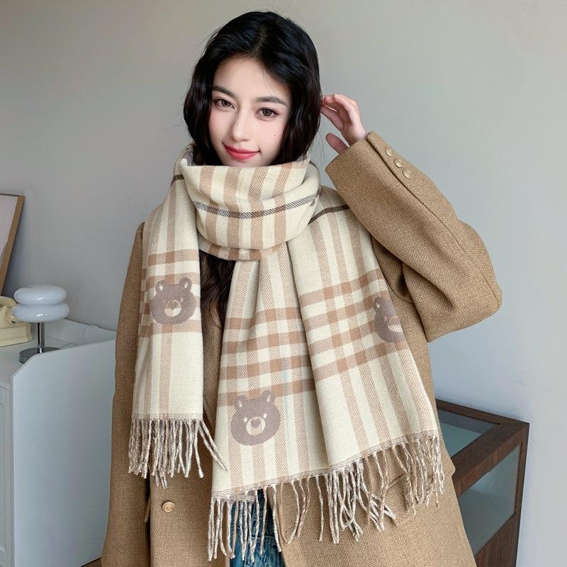 Women Autumn Winter Knitted Scarf Headscarf Lady Men Retro Plaid Print Tassel Scarve Foulard Wrap Shawl Casual Fashion Korean