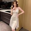 Women's summer print new sexy ice silk nightdress suspender skirt split fork pure desire pajamas with chest pads loungewear