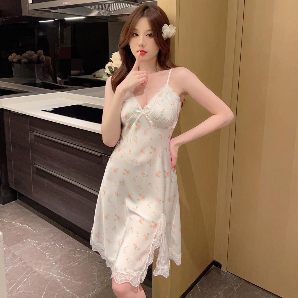 Women's summer print new sexy ice silk nightdress suspender skirt split fork pure desire pajamas with chest pads loungewear