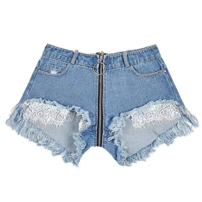 

Европейские и американские ночные клубы Женские джинсовые шорты с высокой посадкой и рваным декором Blue M