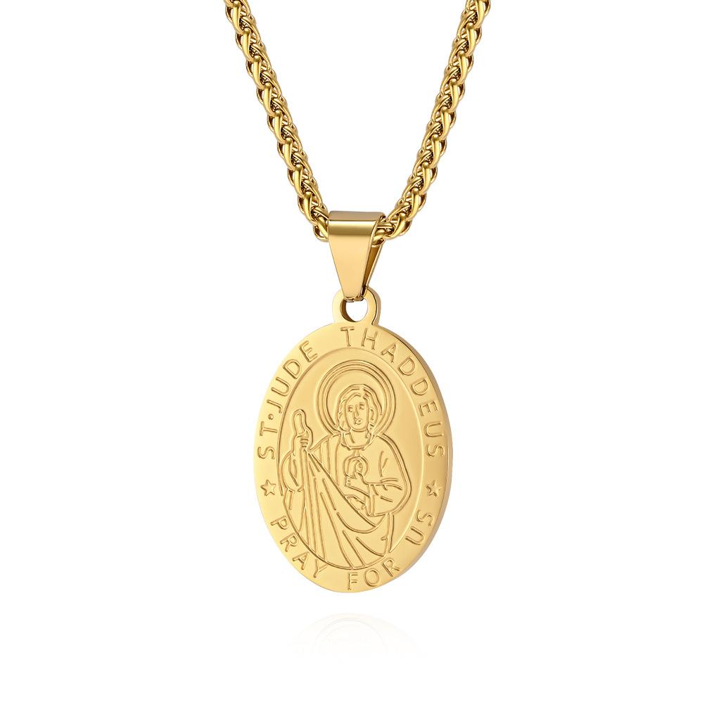 Europese En Amerikaanse God Beschermer Elliptische Medaille Roestvrij Staal Hanger Ketting beige