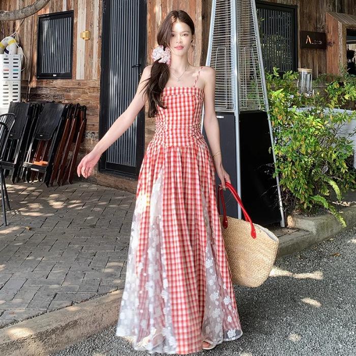 Lace splicing plaid suspender dress children s summer new high-end temperament waist a-word long dress S