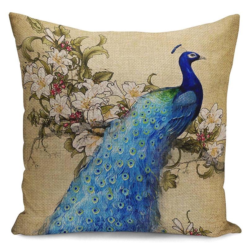 Luxuriöser Kissenbezug aus Baumwolle und Leinen mit Pfauenmuster für elegante Heimdekoration, Sofakissenbezug