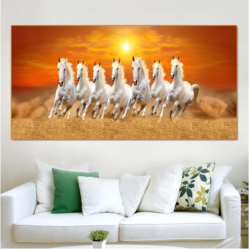 Seven Horses Running In Sand Canvas Painting Wall Art Sunrise Horse Group Posters and Prints for Living Room Wall Decor Cuadros