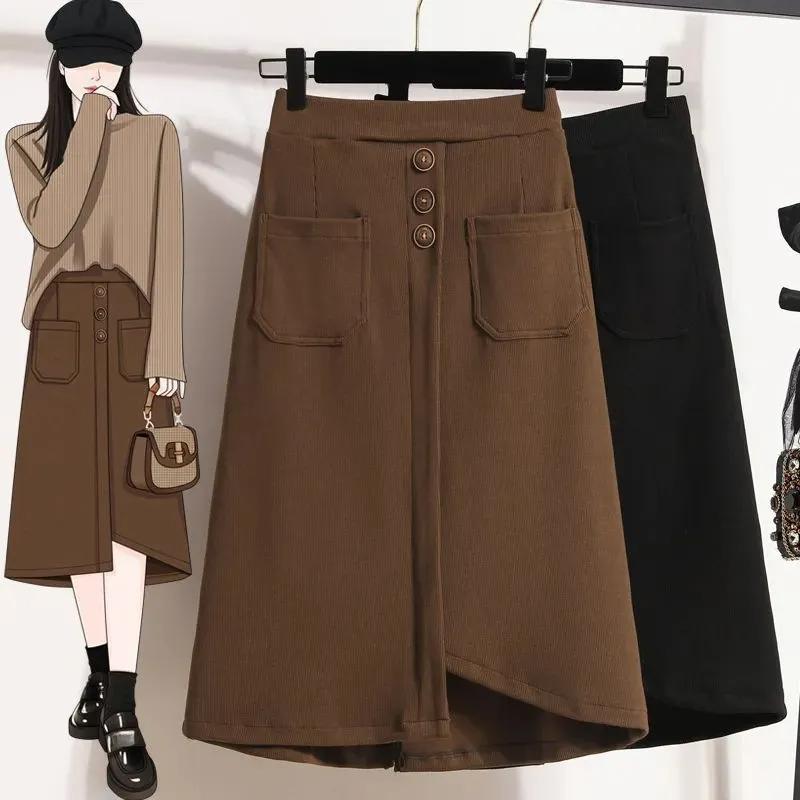 

Ladies Corduroy Skirt Spring and Autumn High Waist Over The Knee A-line Skirt M чорний