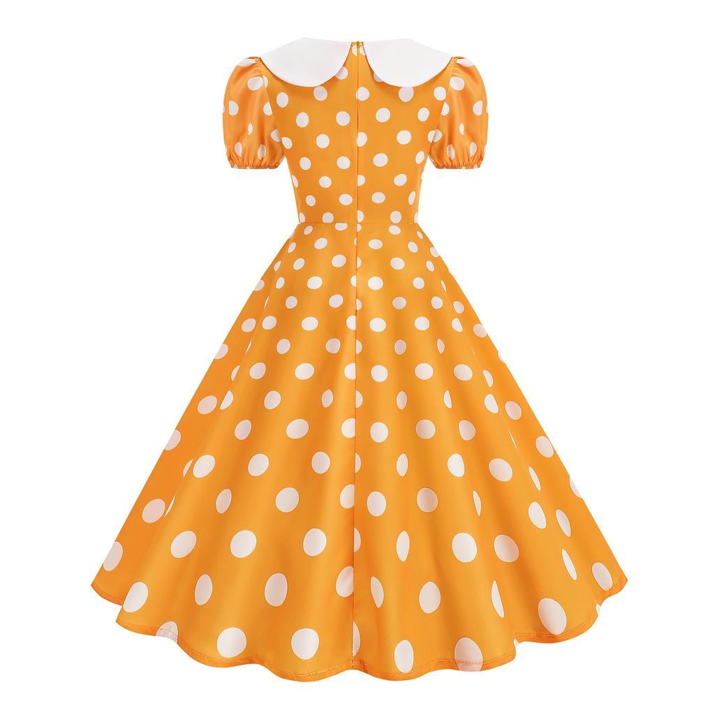 Women's Casual Polka Dot Dress with Collar and Puff Sleeves Slim Fit