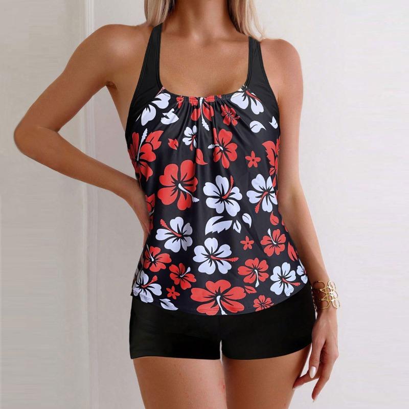 European and American New Split Swimsuit Women's Slim-fit Sleeveless Printed Boxers Tankin