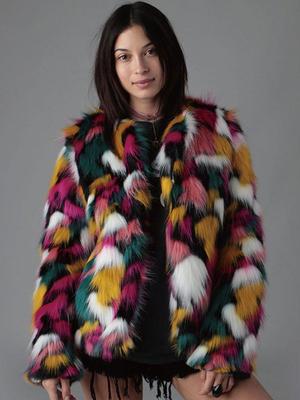 Manteau Patchwork Arc-en-ciel en Fausse Fourrure pour Femme - Sans Col, Design Européen et Américain Tendance