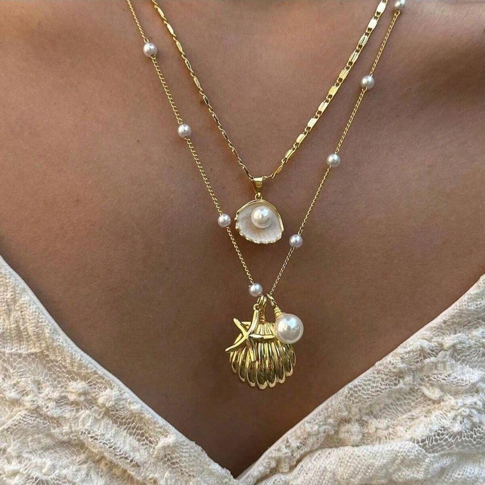 2pcs/set  Shell Starfish Imitation Pearls Pendant Necklace for Women Summer Beach Jewelry Accessories