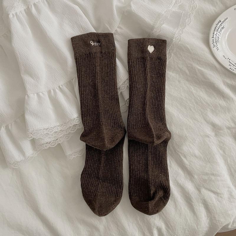 

Женские осенние винтажные хлопковые гольфы в вертикальную полоску с каблуком и надписью «Love Letter» 1 pair темный кофе